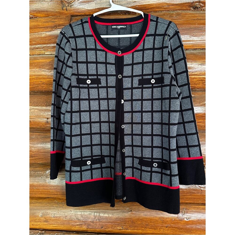 Karl Lagerfeld Gray & Black Windowpane Cardigan with Red Trim